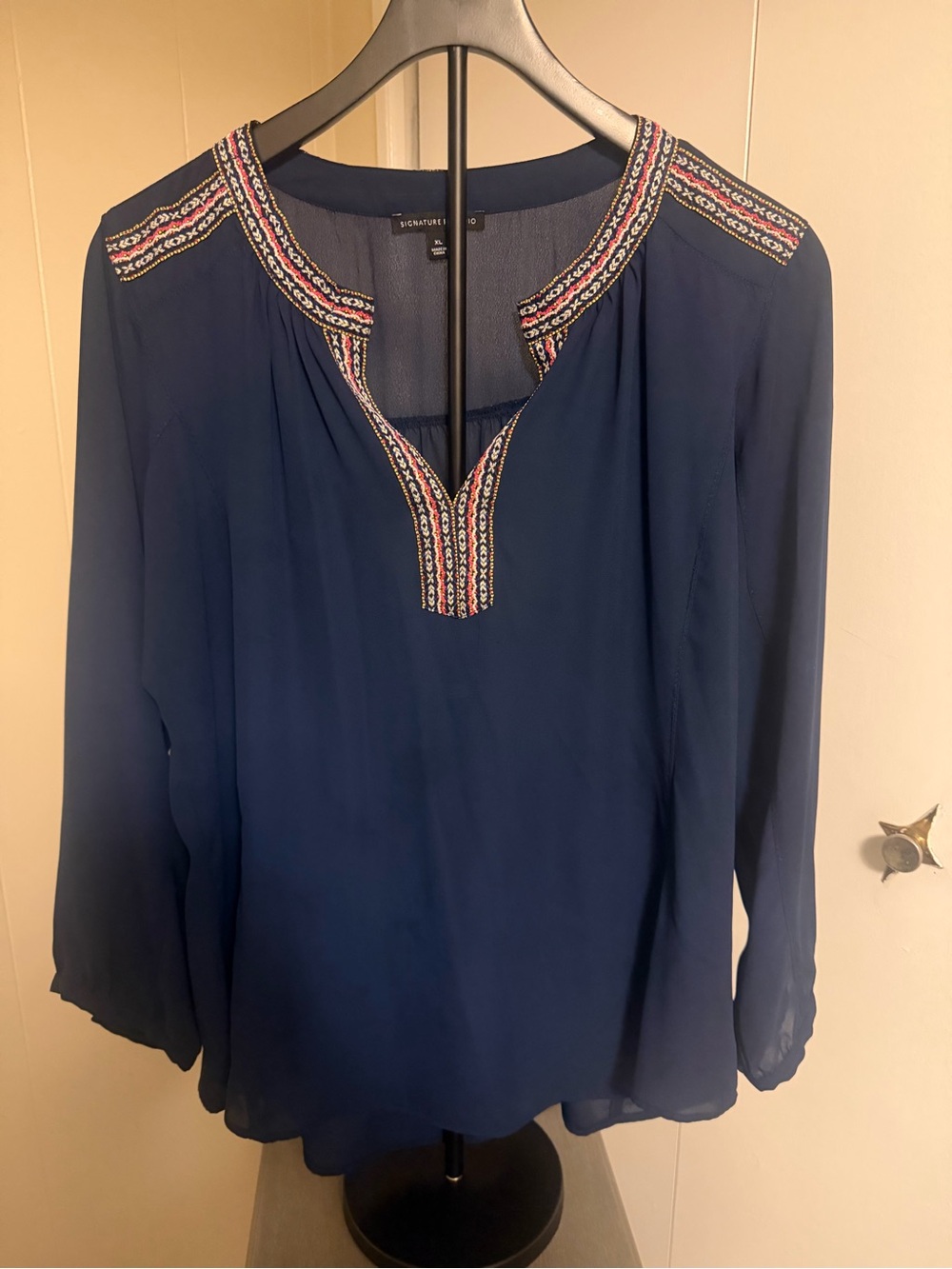 Signature Studio Navy Embroidered Split-Detail Peasant Blouse
